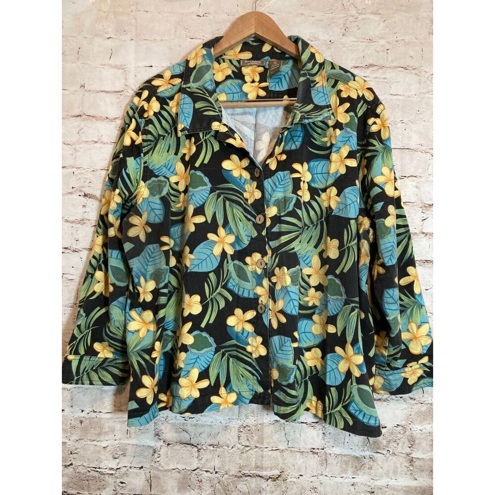 Jane Ashely Top Womens 2X Shacket Tropical Floral Button Up Lagenlook Cotton